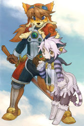 Rule 34 | 1boy, 1girl, animal ears, cat ears, cat girl, cat tail, cyber connect 2, dog boy, dog ears, dog tail, elh melizee, furry, furry female, goggles, height difference, highres, little tail bronx, looking at viewer, red savarin, size difference, smile, solatorobo, tail, white hair