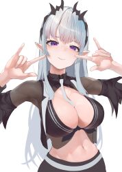 Rule 34 | 1girl, \m/, absurdres, between breasts, black shirt, blush, breasts, cleavage, closed mouth, commentary request, cowboy shot, crop top, demon girl, demon horns, grey hair, grey necktie, highres, honey strap, horns, large breasts, long hair, long sleeves, looking at viewer, midriff, mole, mole under eye, mugi maccha, nanashi inc., navel, necktie, necktie between breasts, pointy ears, purple eyes, shirt, simple background, smile, solo, sougetsu eli, virtual youtuber, white background