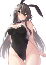 Rule 34 | 1girl, akahi242, animal ears, black hair, black leotard, blush, breasts, brown eyes, covered navel, cowboy shot, detached collar, fake animal ears, groin, hair between eyes, hair ornament, hairclip, haruna (kancolle), highres, kantai collection, large breasts, leotard, long hair, rabbit ears, sidelocks, simple background, solo, strapless, strapless leotard, white background, wrist cuffs