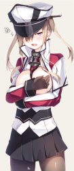 Rule 34 | 10s, 1girl, black skirt, blonde hair, blue eyes, blush, breasts, breasts out, brown gloves, covering privates, covering breasts, embarrassed, gloves, graf zeppelin (kancolle), hair over one eye, hat, kantai collection, long hair, meth (emethmeth), pantyhose, skirt, solo, torn clothes, twintails