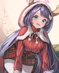 Rule 34 | 1girl, absurdres, blue archive, blue eyes, blush, breasts, fake antlers, fang, fur-trimmed hood, fur-trimmed sleeves, fur trim, gloves, hair intakes, hair ornament, hairclip, halo, hanae (blue archive), hanae (christmas) (blue archive), heart, heart hair ornament, highres, hood, hood up, large breasts, long hair, low twintails, mistletoe hair ornament, official alternate costume, open mouth, pantyhose, plaid, plaid skirt, purple hair, red gloves, red shirt, red skirt, ribbed shirt, shirt, simple background, skirt, smile, solo, teruriu, twintails, very long hair, white background, white pantyhose