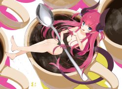 Rule 34 | 1girl, bare arms, bare legs, bare shoulders, barefoot, blue eyes, blush, coffee, coffee mug, covering privates, covering breasts, cup, dragon horns, dragon tail, elizabeth bathory (fate), elizabeth bathory (fate/extra ccc), fang, fate/extra, fate/extra ccc, fate/grand order, fate (series), fingernails, flat chest, from above, hair ribbon, highres, holding, holding spoon, horns, in container, in cup, long hair, looking at viewer, mini person, minigirl, mug, nail polish, nude, open mouth, pink hair, pointy ears, ribbon, sharp fingernails, skin fang, smile, solo, spoon, tail, toenail polish, toenails, very long hair, yomogi uehara