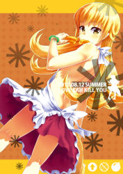 Rule 34 | 10s, 1girl, backless dress, backless outfit, bare back, blonde hair, doughnut, dress, female focus, food, from behind, long hair, looking back, monogatari (series), mouth hold, nathaniel pennel, nisemonogatari, no panties, oshino shinobu, pennel, solo, yellow eyes