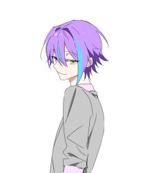 Rule 34 | 1boy, animal ears, aqua hair, closed mouth, commentary, hair between eyes, hk (wgyz7222), kamishiro rui, kamiyama high school uniform (project sekai), long sleeves, looking at viewer, looking to the side, male focus, multicolored hair, project sekai, purple hair, school uniform, short hair, simple background, sleeves rolled up, solo, streaked hair, tail, upper body, white background, yellow eyes