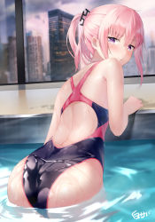 Rule 34 | 1girl, ass, back, blush, cityscape, closed mouth, competition swimsuit, cowboy shot, girls&#039; frontline, hair between eyes, hair ornament, highleg, highleg swimsuit, highres, indoors, long hair, looking at viewer, mod3 (girls&#039; frontline), one-piece swimsuit, pink hair, ponytail, pool, purple eyes, shirosaba, sidelocks, solo, st ar-15 (girls&#039; frontline), st ar-15 (mod3) (girls&#039; frontline), swimsuit, wading, wet