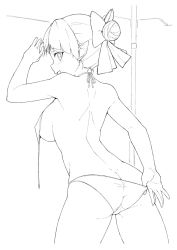 Rule 34 | 1girl, against wall, ass, bikini, blush, bow, butt crack, commentary, cowboy shot, d:, e-qi, english commentary, fang, from behind, gegege no kitarou, greyscale, hair bow, hair bun, hand up, highres, looking at viewer, looking back, monochrome, nekomusume, nekomusume (gegege no kitarou 6), open mouth, pointy ears, single hair bun, skin fang, solo, swimsuit, untied bikini