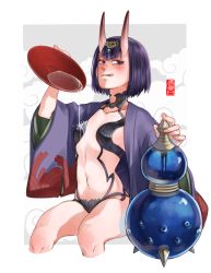 Rule 34 | 1girl, ag.o, alcohol, blush, breasts, colored skin, cropped legs, cup, eyebrows, fate/grand order, fate (series), gourd, hair ornament, highres, horns, japanese clothes, licking lips, looking at viewer, naughty face, navel, oni, pink skin, purple eyes, purple hair, revealing clothes, sakazuki, short hair, shuten douji (fate), shuten douji (first ascension) (fate), sitting, skin-covered horns, small breasts, solo, spilling, tongue, tongue out