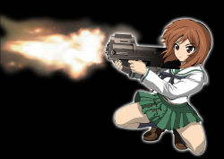 Rule 34 | 10s, 1girl, black background, black neckerchief, black socks, blouse, brown eyes, brown footwear, brown hair, bullpup, closed mouth, commentary request, firing, frown, girls und panzer, green skirt, gun, gunslinger girl, holding, holding weapon, loafers, long sleeves, looking to the side, miniskirt, neckerchief, nishizumi miho, ooarai school uniform, p90, parody, personal defense weapon, pleated skirt, rokkaku denpa, rokkaku tenpa, school uniform, serafuku, shell casing, shirt, shoes, short hair, simple background, skirt, socks, solo, squatting, submachine gun, weapon, white shirt