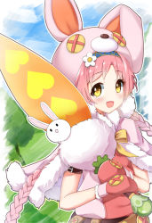 Rule 34 | 1girl, :d, animal hat, bananatsukis, braid, button eyes, buttons, capelet, carrot, from side, fur-trimmed capelet, fur trim, hat, highres, long hair, looking at viewer, mimi (princess connect!), mittens, open mouth, pink capelet, pink hair, princess connect!, rabbit hat, raised eyebrows, red mittens, smile, solo, twin braids, twintails, upper body, yellow eyes