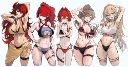 5girls abs absurdres akechi_(akechi_5416) ange_katrina armpits bikini black_hair blue_eyes blush breasts brown_hair clothing_cutout dola_(nijisanji) flat_chest frilled_bikini frills furen_e_lustario grey_eyes hair_intakes hair_over_one_eye highres horns lain_paterson large_breasts light_brown_hair long_hair multicolored_hair multiple_girls nijisanji nui_sociere one_eye_closed ponytail red_eyes red_hair short_hair simple_background skindentation smile streaked_hair swimsuit thigh_strap thighs underboob_cutout v virtual_youtuber white_background