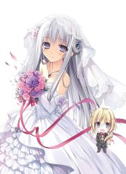 Rule 34 | 1girl, absurdres, black pants, blonde hair, bouquet, bow, bowtie, bridal veil, collarbone, dress, dress na boku ga yangoto naki katagata no kateikyoushi sama na ken, flower, formal, grey eyes, highres, holding, holding bouquet, jewelry, karory, long hair, looking at viewer, necklace, on one knee, pants, petals, pink flower, purple flower, red bow, red ribbon, ribbon, seira shiruwien, silver hair, simple background, smile, strapless, strapless dress, veil, very long hair, wedding dress, white background, white dress, white flower