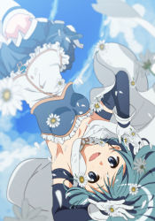 Rule 34 | 1girl, :d, armpits, arms up, belt, blue eyes, blue hair, blue skirt, blue sky, blurry, blush, breasts, cape, cloud, cloudy sky, cowboy shot, day, depth of field, detached sleeves, floating hair, flower, flower request, frilled shirt, frills, fumiko (mesushi), gloves, looking at viewer, magical girl, mahou shoujo madoka magica, mahou shoujo madoka magica (anime), medium breasts, miki sayaka, open mouth, outdoors, petals, shirt, skirt, sky, smile, solo, soul gem, strapless, thighhighs, upside-down, white cape, white flower, white gloves, white thighhighs, zettai ryouiki