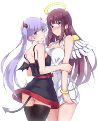 Rule 34 | &gt;:), 10s, 2girls, angel, angel and devil, angel wings, arm grab, ass, asymmetrical docking, back, bare arms, bare back, bare legs, bare shoulders, black dress, black legwear, bloom, blue eyes, blunt bangs, blush, bracelet, breast press, breasts, cleavage, closed mouth, collarbone, cowboy shot, demon girl, demon horns, demon tail, demon wings, dress, embarrassed, etan14, female focus, frown, halo, highres, horns, hug, jewelry, large breasts, legs, light purple hair, long hair, looking at viewer, looking back, multiple girls, naughty face, neck, new game!, nose blush, off shoulder, purple eyes, purple hair, red ribbon, ribbon, sash, shy, sidelocks, simple background, small breasts, smile, standing, strap slip, suzukaze aoba, sweatdrop, tail, takimoto hifumi, thighhighs, twintails, v-shaped eyebrows, very long hair, wavy mouth, white background, white dress, wings, yuri