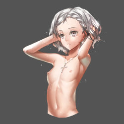 Rule 34 | 1girl, armpits, arms up, bad id, bad pixiv id, blush, bobomaster, breasts, close-up, collarbone, cross, female focus, flat chest, grey background, grey eyes, jewelry, navel, necklace, nipples, nude, open mouth, original, short hair, silver hair, simple background, small breasts, solo, wet