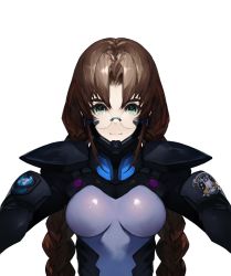 Rule 34 | 1girl, artist request, braid, breasts, brown hair, fortified suit, glasses, green eyes, long hair, looking at viewer, medium breasts, muv-luv, muv-luv alternative, official art, parted bangs, pilot suit, project mikhail, round eyewear, sakaki chizuru, skin tight, solo, thick eyebrows, transparent background, twin braids, upper body, very long hair