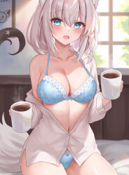 Rule 34 | 1girl, absurdres, animal ear fluff, animal ears, blue bra, blue eyes, blue panties, blurry, blurry background, blush, bow, bow bra, bow panties, bra, braid, breasts, coffee, collarbone, cup, fox ears, fox girl, hair between eyes, hayasaka (a865675167774), highres, holding, holding cup, hololive, indoors, lace, lace-trimmed bra, lace trim, large breasts, looking at viewer, medium hair, navel, off shoulder, open mouth, paid reward available, panties, shirakami fubuki, shirt, short hair, single braid, solo, underwear, virtual youtuber, white hair, white shirt, window