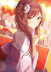 Rule 34 | 1girl, alternate hairstyle, blush, brown hair, candy apple, clenched hand, closed mouth, festival, floral print, food, hair ornament, hair over shoulder, hal ogura, highres, idolmaster, idolmaster shiny colors, japanese clothes, kimono, long hair, long sleeves, looking at viewer, obi, osaki amana, pink kimono, ponytail, print kimono, sash, solo, standing, summer festival, swept bangs, wide sleeves, yellow eyes, yukata