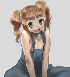 Rule 34 | 1girl, bad id, bad pixiv id, brown hair, chyko7080, flat chest, green eyes, happy, idolmaster, idolmaster (classic), naked overalls, overalls, smile, solo, takatsuki yayoi, twintails, v arms