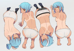 Rule 34 | 4girls, absurdres, all fours, ass, back, barefoot, black panties, black socks, blue hair, braid, breasts, closed mouth, commentary request, english text, feet, from above, full body, grey panties, hairband, highres, kneehighs, looking back, miniskirt, multiple girls, neyuki rei, one-piece tan, original, panties, parted lips, polka dot, polka dot panties, shadow, short hair, shoulder blades, sideboob, single braid, skirt, small breasts, smile, socks, tan, tanline, topless, underwear, underwear only, white hairband, yellow eyes