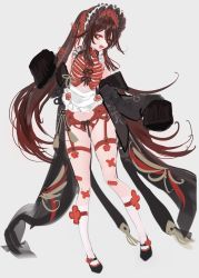 Rule 34 | + +, 1girl, bandages, blush, brown hair, eyelashes, genshin impact, hair between eyes, hair ornament, hair ribbon, highres, hu tao (genshin impact), long hair, looking at viewer, open mouth, oversized clothes, pottsness, red eyes, ribbon, sleeves past wrists, socks, thigh strap, thighhighs, underwear, very long hair, white background