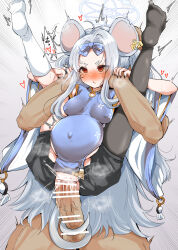 Rule 34 | 1boy, 1girl, animal ears, bar censor, big belly, blue archive, blue dress, blush, breasts, censored, china dress, chinese clothes, clothed sex, covered erect nipples, covered navel, cum, cum in pussy, cum overflow, dress, erection, full nelson, grey hair, halo, hetero, highres, kneehighs, lifting person, long hair, machismo fuji, medium breasts, mouse ears, mouse girl, mouse tail, penis, pregnant, red eyes, reverse suspended congress, saya (blue archive), sex, sex from behind, single sock, socks, solo focus, tail, vaginal, white socks