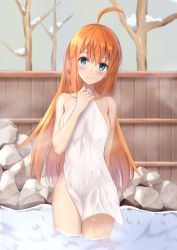 Rule 34 | 1girl, absurdres, ahoge, blue eyes, blurry, blurry background, blush, breasts, closed mouth, cloud, cloudy sky, completely nude, covering privates, cowboy shot, hair between eyes, highres, holding, holding towel, long hair, looking at viewer, medium breasts, mimori (mimori 05), nude, nude cover, onsen, orange hair, outdoors, pecorine (princess connect!), princess connect!, sideboob, sky, smile, snow, solo, standing, stream, towel, very long hair, wading, winter