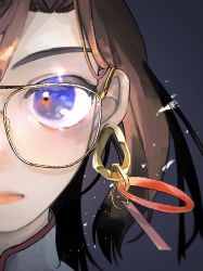 Rule 34 | 1girl, blue eyes, brown hair, closed mouth, collared shirt, earrings, eye focus, eyebrows, eyebrows hidden by hair, focused, glasses, hawao, high collar, highres, jewelry, looking at viewer, portrait, shirt, short hair, simple background, solo, touhou, usami sumireko, white shirt