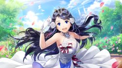 Rule 34 | 1girl, alternate costume, bare shoulders, blue eyes, blue hair, castle, collarbone, dress, flower, gloves, hair flower, hair ornament, highres, looking at viewer, non-web source, official art, open mouth, outdoors, petals, pointing, senna (valkyrie connect), solo, teeth, tree, upper teeth only, valkyrie connect, white dress, white gloves