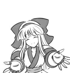 Rule 34 | 1girl, ainu clothes, asking for a hug, breasts, closed eyes, fingerless gloves, gloves, hair ribbon, happy, highres, incoming hug, large breasts, long hair, monochrome, nakoruru, outstretched arms, ribbon, samurai spirits, smile, snk, solo, the king of fighters