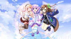 Rule 34 | &gt;:), 10s, 3girls, :d, belt, black legwear, blue legwear, blush, boots, bow, brown hair, building, cd, character name, choker, choujigen game neptune, cloud, collar, compa, d-pad, day, detached sleeves, emblem, english text, female focus, full body, fur trim, green eyes, grid, hair bow, hair ornament, hairband, heart, highres, holding, holding hands, hood, hooded track jacket, if (neptunia), jacket, leg warmers, long hair, long sleeves, looking at another, looking at viewer, multiple girls, neptune (neptunia), neptune (series), official art, open clothes, open jacket, open mouth, orange eyes, orange hair, outstretched arm, plaid, plaid skirt, pleated skirt, purple eyes, purple hair, rainbow, ribbon, ribbon-trimmed legwear, ribbon trim, shoes, short hair, shorts, side ponytail, skirt, sky, sleeves past wrists, smile, striped clothes, striped legwear, striped thighhighs, sweater vest, thighhighs, track jacket, tsunako, v-shaped eyebrows, white legwear, wide sleeves
