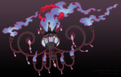Rule 34 | artist name, black background, chandelure, commentary, creature, creatures (company), english commentary, english text, fire, fire, full body, game freak, gen 5 pokemon, gigantamax, gigantamax (other), highres, nintendo, no humans, pokemon, pokemon (creature), purple fire, simple background, solo, toripng