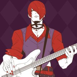 Rule 34 | 1boy, argyle, argyle background, argyle clothes, choker, earrings, electric guitar, flat color, guitar, hair over one eye, instrument, jewelry, juu satoshi, male focus, music, nail polish, pectoral cleavage, pectorals, playing instrument, red eyes, red hair, ring, solo, the king of fighters, vest, waistcoat, yagami iori