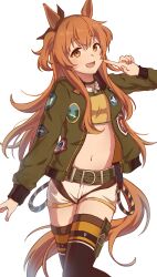 Rule 34 | 1girl, :d, animal ears, badge, belt, black ribbon, black thighhighs, bow, breasts, brown eyes, brown hair, crop top, ear ribbon, green belt, green jacket, hand up, highres, horse girl, index finger raised, jacket, jewelry, long hair, long sleeves, looking at viewer, masayan 0904, mayano top gun (umamusume), navel, open mouth, pendant, ribbon, shorts, sidelocks, simple background, small breasts, smile, solo, standing, stomach, thighhighs, two side up, umamusume, white background, white shorts