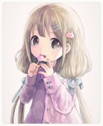 Rule 34 | 1girl, blonde hair, brown eyes, candy, comeco, food, futaba anzu, hair ornament, hairclip, idolmaster, idolmaster cinderella girls, jacket, long hair, looking at viewer, low twintails, open mouth, pink jacket, rabbit hair ornament, simple background, solo, twintails, upper body, white background
