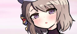 Rule 34 | 1girl, azur lane, blurry, blurry background, blush, bow, brown hair, cross, depth of field, hair bow, iron cross, looking at viewer, parted lips, pink background, portrait, purple eyes, rock zinc, solo, striped bow, z23 (azur lane)