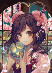 Rule 34 | 1girl, akizero1510, artist name, ball, blush, brown eyes, brown hair, cherry blossoms, closed mouth, eyelashes, eyeshadow, floral print, flower, glint, hair flower, hair ornament, heart, highres, holding, holding ball, indoors, japanese clothes, kimono, looking at viewer, makeup, original, pink lips, red ribbon, ribbon, sash, smile, solo, tsurime, window
