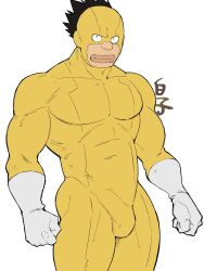 Rule 34 | 1boy, bara, bodysuit, boku no hero academia, bulge, erection, erection under clothes, feet out of frame, gloves, highres, large pectorals, lips, looking at viewer, male focus, mask, muscular, muscular male, pectorals, satou rikidou, shirako (kirupi), short hair, solo, spiked hair, thick thighs, thighs, white gloves, yellow bodysuit, zentai