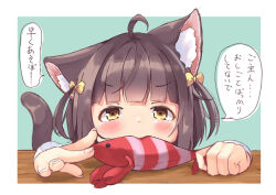 Rule 34 | 1girl, ahoge, animal ear fluff, animal ears, biting, black hair, blue background, blush, bow, brown eyes, cat ears, cat girl, cat tail, commentary request, hair bow, highres, holding, holding stuffed toy, manabe mana, original, solo, stuffed animal, stuffed shrimp, stuffed toy, tail, translation request, two-tone background, two side up, white background, yellow bow