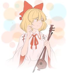 Rule 34 | 1girl, blonde hair, bow, commentary, erhu, hair between eyes, hair bow, long sleeves, looking to the side, mefomefo, neck ribbon, pom pom (clothes), ribbon, satsuki rin, short hair, solo, touhou, upper body, wide sleeves, yellow eyes