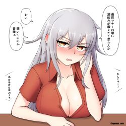 Rule 34 | 1girl, blush, breasts, cleavage, collarbone, collared shirt, cypress, gangut (kancolle), grey hair, hair between eyes, kantai collection, large breasts, long hair, looking at viewer, open mouth, orange eyes, red shirt, scar, scar on face, shirt, simple background, solo, speech bubble, translation request, twitter username, white background