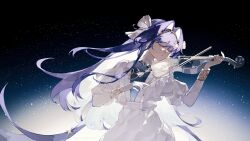 Rule 34 | 1girl, black background, black hairband, bow (music), closed eyes, closed mouth, commentary, dress, floating hair, gloves, hair intakes, hairband, highres, instrument, long hair, music, playing instrument, purple hair, reverse:1999, solo, star (sky), star (symbol), starry background, upper body, very long hair, violin, voyager (reverse:1999), wenqing, white dress, white gloves