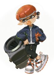 Rule 34 | 1boy, black pants, blue jacket, bowl cut, breast pocket, blowing bubbles, chewing gum, commentary, earrings, hand in pocket, highres, humanlynn, inkling, inkling boy, inkling player character, jacket, jewelry, leaning on weapon, looking to the side, male focus, nintendo, orange hair, pants, pocket, pointy ears, shirt, shoes, simple background, sloshing machine (splatoon), sneakers, splatoon (series), splatoon 3, white background, white footwear, white shirt, yellow eyes