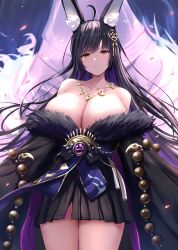 Rule 34 | 1girl, ahoge, animal ear fluff, animal ears, azur lane, bare shoulders, black hair, black kimono, black skirt, breasts, cleavage, collarbone, commentary request, cowboy shot, falling petals, floating hair, fox ears, fur-trimmed kimono, fur trim, hair ornament, highres, japanese clothes, jewelry, kimono, large breasts, long hair, long sleeves, looking at viewer, magatama, magatama necklace, manda (manda9n), miniskirt, musashi (azur lane), necklace, off shoulder, parted lips, petals, pleated skirt, revision, short kimono, skirt, skirt under kimono, solo, thighs, very long hair, wide sleeves, yellow eyes