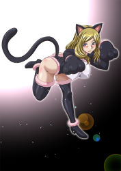 Rule 34 | 10s, 1girl, animal ears, animal hands, bent over, blue eyes, blush, boots, breasts, brown hair, cat ears, cat paws, cat tail, code geass, code geass: nunnally in wonderland, covered erect nipples, fur trim, kaname aomame, large breasts, looking at viewer, milly ashford, paw pose, solo, standing, standing on one leg, tail, thigh boots, thighhighs