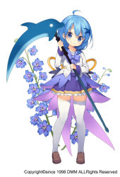 Rule 34 | 1girl, ahoge, blue bow, blue eyes, blue hair, blue skirt, bow, brown footwear, delphinium (flower knight girl), dolphin, flower, flower knight girl, full body, looking at viewer, matching hair/eyes, name connection, object namesake, official art, scythe, shoes, short hair, skirt, smile, solo, standing, sugimeno, thighhighs, white thighhighs
