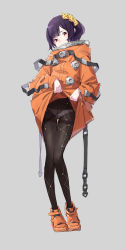 Rule 34 | 1girl, black hair, black pantyhose, blush, brown eyes, clothes lift, commentary request, constellation print, covered mouth, crotch seam, full body, gradient background, grey background, head tilt, highres, jacket, jacket lift, lifting own clothes, long sleeves, looking at viewer, orange footwear, orange jacket, original, panties, panties under pantyhose, pantyhose, popman3580, puffy long sleeves, puffy sleeves, shoes, simple background, solo, standing, star (symbol), star print, underwear, white panties