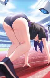 Rule 34 | 1girl, absurdres, ass, ass focus, bare legs, black shirt, blue archive, blue buruma, buruma, commentary, halo, highres, legs, official alternate costume, ponytail, purple eyes, purple hair, rahy, running track, shirt, shoes, sneakers, solo, sweat, track and field, yuuka (blue archive), yuuka (track) (blue archive)