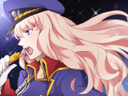 Rule 34 | 1girl, blonde hair, blue eyes, floating hair, from side, hat, highres, holding, holding microphone, kisa (kisa-kisa5900), macross, macross frontier, microphone, music, open mouth, sheryl nome, singing, solo