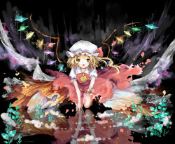Rule 34 | 1girl, all fours, ascot, bad id, bad pixiv id, blonde hair, dress, female focus, flandre scarlet, hat, hat ribbon, highres, meutan131, open mouth, plant, red dress, red eyes, reflection, ribbon, side ponytail, solo, sparkle, tears, embodiment of scarlet devil, touhou, wings