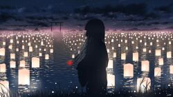 Rule 34 | 1girl, afloat, black hair, cloud, cloudy sky, enma ai, flower, from behind, highres, holding, holding flower, jigoku shoujo, lantern, lantern on liquid, long hair, long sleeves, night, night sky, outdoors, paper lantern, red flower, reflection, scenery, silhouette, sky, solo, spider lily, star (sky), starry sky, torii, vinci v7, water